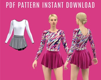 Diy Ballet Leotard and skirt sewing pattern PDF - girl and woman sizes -leotard with long sleeve and round neckline instant Download BUNDLE