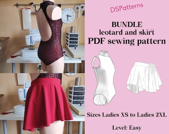 Diy Ballet Leotard and skirt sewing pattern PDF - girl and woman sizes -leotard with high collar and open back instant Download BUNDLE