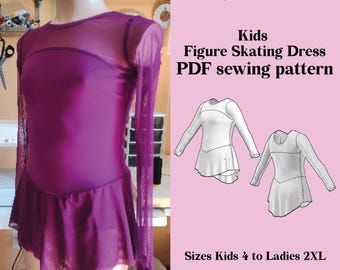 Patrón de costura para vestido de patinaje artístico infantil: falda acampanada de manga larga (descarga en PDF)