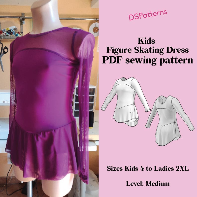 Kids Figure Skating Dress Sewing Pattern – Long Sleeve Flared Skirt (PDF Download) image 1