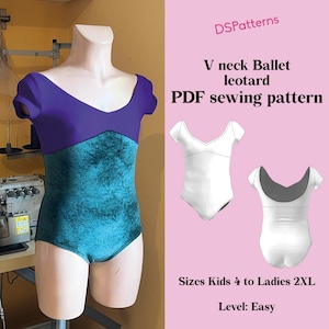 Puede incluir: Un maillot de ballet en verde azulado y morado con cuello en V y mangas cortas se muestra en un maniquí. La imagen incluye un patrón de costura PDF con el texto "V neck Ballet leotard PDF sewing pattern". El patrón es para tallas Kids 4 a Ladies 2XL.