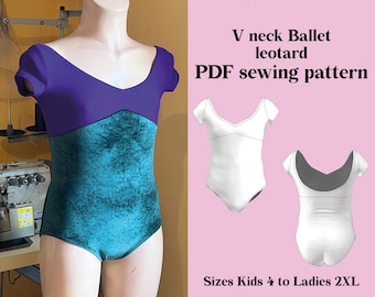 DIY Dance Leotard Sewing Pattern: V Neck, Short Sleeve (Sizes 4-12Y & S-2XL) (PDF Pattern