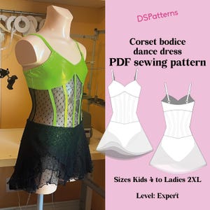 以下が含まれることがあります： マネキンのダンスドレス。ライムグリーンのボディスと黒いスカート。コルセットスタイルのボディスと、水玉模様のシースルーパネルが付いています。画像には、「Corset bodice dance dress」と「Sizes Kids 4 to Ladies 2XL」というテキストを含むPDF縫製パターンも含まれています。