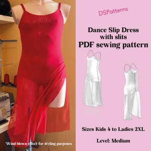 Op de afbeelding: Een rode dansslipjurk met splitten, getoond op een mannequin. De jurk heeft spaghettibandjes en een doorschijnende overlay met een hoge split. De afbeelding bevat de tekst "DSPatterns" en "Dance Slip Dress with slits PDF sewing pattern".