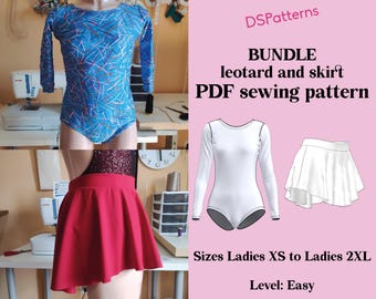 Diy Ballet Leotard and skirt sewing pattern PDF - girl and woman sizes -leotard with long sleeve and round neckline instant Download BUNDLE