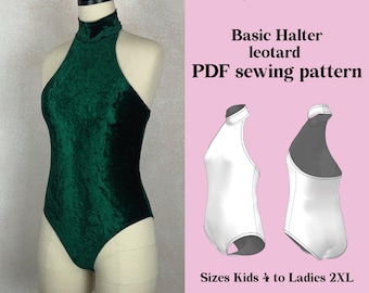 Patrón de costura en PDF para leotardo de baile básico con cuello alto y estilo halter / Tallas para niñas de 4 a 2XL