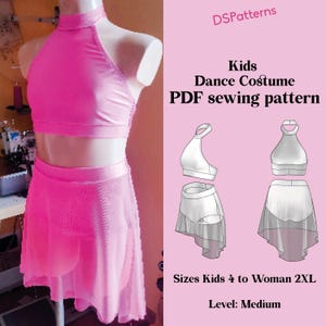 May include: A vibrant pink dance costume on a mannequin. The outfit comprises a halter top and a skirt with a sheer overlay. The image also shows a pattern for the costume with the text "Kids Dance Costume PDF sewing pattern".
