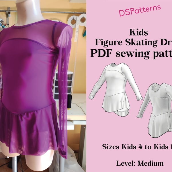 Diy Figure skating dress sewing pattern PDF  - Kids skating Dress with long sleeve and flared skirt instant Download