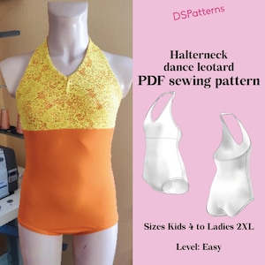 May include: A halterneck dance leotard in orange and yellow, displayed on a mannequin. The top section is yellow with a floral lace pattern, and the bottom is solid orange. The image also includes a PDF sewing pattern with sizing from Kids 4 to Ladies 2XL.