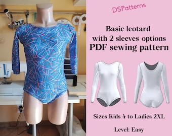Diy Leotard sewing pattern PDF for dance and gymnastics - girl and woman sizes -leotard with long sleeve and round neckline instant Download