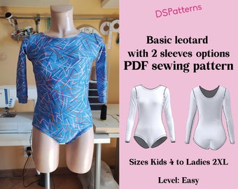 Diy Leotard sewing pattern PDF for dance and gymnastics - girl and woman sizes -leotard with long sleeve and round neckline instant Download