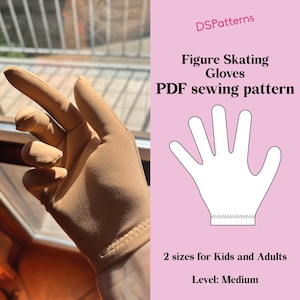 Puede incluir: Se muestra un guante de patinaje artístico de color beige, con los dedos extendidos. El guante está hecho de una tela lisa. La imagen también incluye un fondo rosa con el texto "Figure Skating Gloves PDF sewing pattern" y "2 sizes for Kids and Adults".