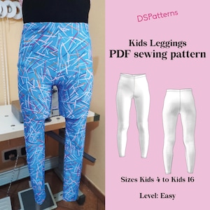 Puede incluir: Leggings azules con un estampado abstracto blanco y rojo. La imagen también muestra un patrón de costura PDF para leggings infantiles, tallas 4 a 16, nivel fácil.