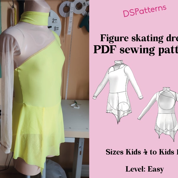 DIY Patron de couture de robe de patinage artistique PDF - Robe de patinage pour enfants à manches longues et col haut Téléchargement instantané