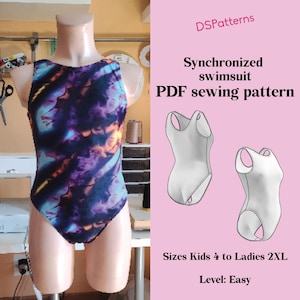 Puede incluir: Un maniquí exhibe un bañador de una pieza con un estampado tie-dye en tonos morados, azules y naranjas. La imagen también muestra un patrón de costura PDF para un bañador sincronizado, con tallas que van desde Kids 4 hasta Ladies 2XL. El nivel es fácil.