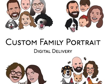 Peut inclure: Une illustration numérique de trois portraits de famille différents. Chaque portrait représente une famille avec ses animaux de compagnie. Le premier portrait représente une famille de quatre personnes avec un chien. Le deuxième portrait représente une famille de quatre personnes avec un chien. Le troisième portrait représente une famille de trois personnes avec un chat, un chien et des poulets.