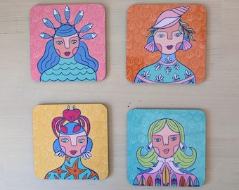 Mix & Match Ocean Ladies Coasters | Set of 4 | Coastal Art Hostess Gift