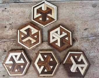 Geometric Wood Coasters, Quilt Block, Layered with 3 different woods, each unique
