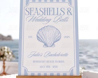 Letrero de despedida de soltera con conchas y campanas de boda, Letrero de despedida de soltera costera, Tema de conchas y campanas de boda, Plantilla de letrero de bienvenida para despedida de soltera en la playa