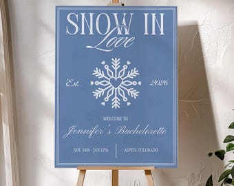 Letrero "Enamorado en la nieve", letrero de bienvenida para despedidas de soltera esquiando, plantilla editable de Canva, póster de despedida de soltera de invierno, despedida de soltera après ski