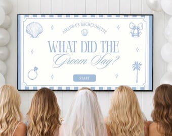 Juego de conchas marinas y campanas de boda, ¿Qué dijo el novio?, Trivia de despedida de soltera en la playa, Juegos de plantillas editables de Canva