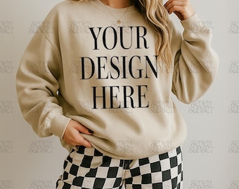 Sand Sweatshirt Mockup Sand Gildan 18000 Mockup Oversized Sand Crewneck Mockup Edgy Sweatshirt Mockup Gildan Sand Crewneck Lifestyle Mockup