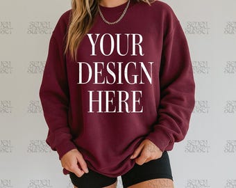 Maroon Sweatshirt Mockup Gildan 18000 Sweatshirt Mockup Maroon Oversized Crewneck Mockup Edgy Sweatshirt Photo Mock Lifestyle Maroon Mockup