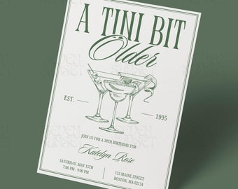 Invitación de cumpleaños de Martini "A Tini Bit Older" (Invitación para el 30 cumpleaños) Plantilla editable de Canva con temática de Dirty Thirty