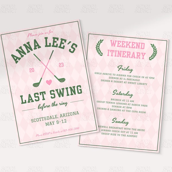 Golf Bachelorette Invitation, Editable Invitation, Country Club Bach, Bride's Last Swing, Golf Bachelorette Itinerary, Preppy Canva Template