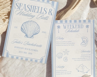 Beach Bachelorette Invitation Seashells And Wedding Bells Bachelorette Itinerary Seashells Wedding Bells Invite Coastal Editable Template