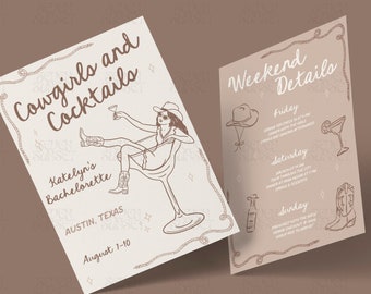 Invitación de despedida de soltera de vaqueras y cócteles Itinerario de despedida de soltera de vaquera Invitación escrita a mano Último rodeo Invitación de despedida de soltera Plantilla occidental