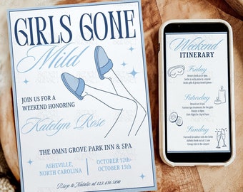 Girls Gone Mild Bachelorette Invitation Slumber Party Bach Invite Spa Bachelorette Theme Mobile Invite Template Girls Gone Mild Itinerary