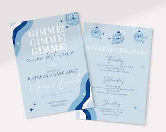 Mamma Mia Bachelorette Invitation, Editable Invitation, Dancing Queen Theme, Bride&#39;s Last Disco, Bachelorette Itinerary, Blue Canva Template