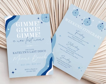 Mamma Mia Bachelorette Invitation, Editable Invitation, Dancing Queen Theme, Bride&#39;s Last Disco, Bachelorette Itinerary, Blue Canva Template