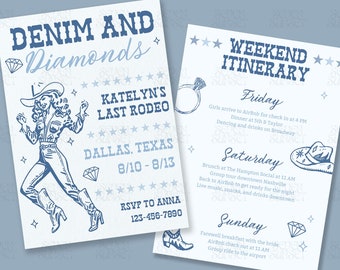 Denim And Diamonds Bachelorette Invitation Last Rodeo Editable Invitation Cowgirl Bach Invite Bachelorette Itinerary Western Canva Template
