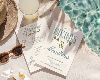 Invitación de despedida de soltera en bikini y martinis Itinerario de Tinis & Bikinis Invitación elegante para despedida de soltera Plantilla de Canva para playa de club de playa con martini sucio