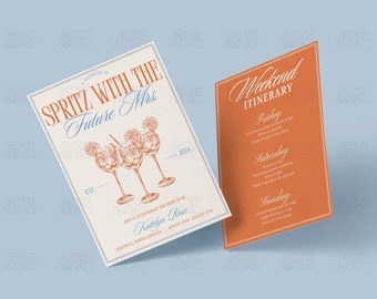 Invitación a la despedida de soltera Spritz Itinerario de Spritz With Mrs Plantilla de Sun And Spritz Invitación de despedida de soltera Spritz Love At First Plantilla editable de Canva