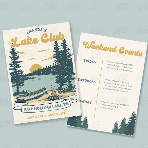 Retro Lake Bachelorette Invitation Lake Bach Template Wild In The Woods Theme Summer Camp Bachelorette Itinerary Bride's Last Trail Invite