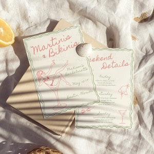 Martinis And Bikinis Bachelorette Invitation Tinis & Bikinis Itinerary Handwritten Hen Do Party Invite Dirty Martini Theme Canva Template