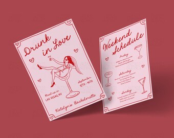 Drunk In Love Bachelorette Invitation Lover Bach Itinerary Hand Drawn Hen Party Invite Editable Canva Template Cocktail Bachelorette Invite