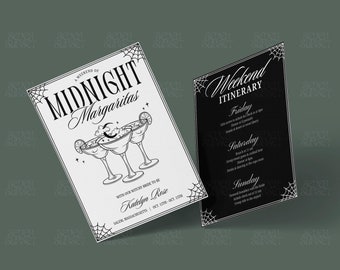 Plantilla de invitación de despedida de soltera de brujas Itinerario de despedida de soltera de Halloween Invitación de margaritas de medianoche Novia bruja Club de aquelarre mágico Invitación espeluznante