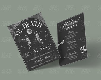 Invitación de despedida de soltera "Hasta la muerte", plantilla de despedida de soltera espeluznante, itinerario de Halloween, invitación a la discoteca "Hasta la muerte nos haga", plantilla de invitación de novia esqueleto