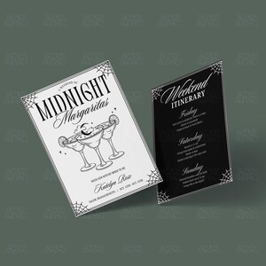 May include: Two event flyers with a dark, gothic theme. One flyer is white with the text "A Weekend of Midnight Margaritas" and illustrations of cocktails. The other is black with the text "Weekend Itinerary". Both have spiderweb corner designs.