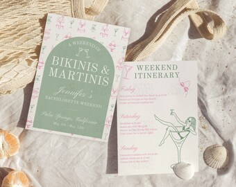 Martinis And Bikinis Bachelorette Invitation Tinis & Bikinis Itinerary Handwritten Hen Party Invite Dirty Martini Bach Theme Canva Template