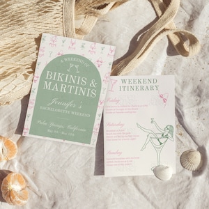 Martinis And Bikinis Bachelorette Invitation Tinis & Bikinis Itinerary Handwritten Hen Party Invite Dirty Martini Bach Theme Canva Template
