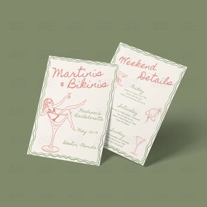 Martinis And Bikinis Bachelorette Invitation Tinis & Bikinis Itinerary Handwritten Hen Do Party Invite Dirty Martini Theme Canva Template