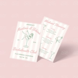 Martinis And Bikinis Bachelorette Invitation Tinis & Bikinis Itinerary Handwritten Hen Party Invite Dirty Martini Bach Theme Canva Template