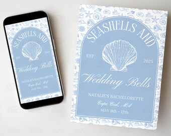 Seashells & Wedding Bells Bachelorette Itinerary Seashells Wedding Bells Invitation Coastal Bachelorette Invite Editable Canva Template