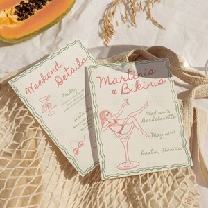 Martinis Bikinis Bachelorette Invite Handwritten Tinis & Bikinis Itinerary Beach Bach Hen Party Invite Dirty Martini Theme Canva Template