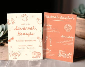 Invitación de despedida de soltera en Savannah, itinerario de despedida de soltera en Savannah, Georgia, plantilla editable de Canva, Peachy Bride, invitación móvil